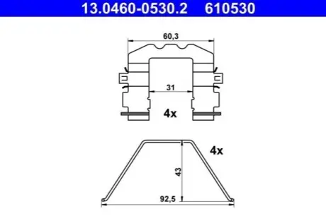 Монтажний набір гальмівних колодок HYUNDAI KONA, TUCSON KIA NIRO I, SPORTAGE II, SPORTAGE III, SPORTAGE IV 1.0-Electric 09.04 ATE 13046005302