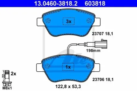 Комплект гальмівних колодок передн, CITROEN NEMO FIAT 500, 500 C, DOBLO, IDEA, LINEA LANCIA MUSA PEUGEOT BIPPER, BIPPER TEPEE 1.2-1.8 10.01 ATE 13046038182