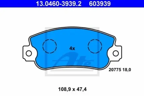 Комплект гальмівних колодок передн, FIAT 131, 900 T/E, 900 T/E PULMINO, PANDA, REGATA, RITMO, UNO SEAT IBIZA I, MALAGA, MARBELLA, RONDA, TERRA 0.65-2.5D 11.76-06.06 ATE 13046039392