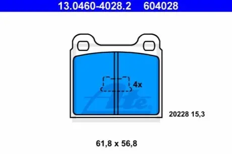 Комплект гальмівних колодок передн, AUDI 50, 80 B1, 80 B2 VW DERBY, GOLF I, JETTA I, PASSAT B1, PASSAT B2, POLO, POLO CLASSIC, POLO II, SANTANA, SCIROCCO 0.8-1.6D 05.72-09.94 ATE 13046040282