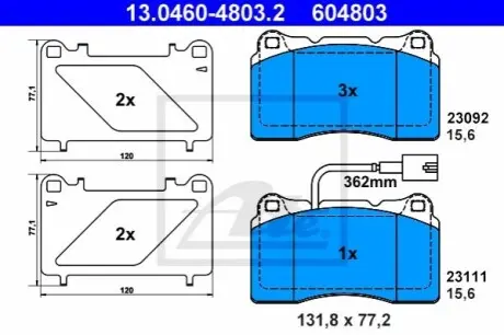 Комплект гальмівних колодок передн, ALFA ROMEO 156, 159 1.9D 07.04-11.11 ATE 13046048032