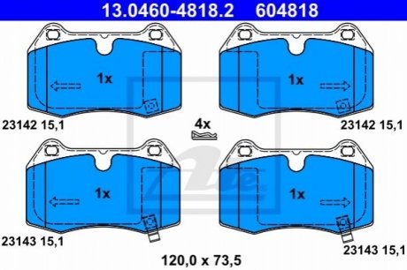 Колодки тормозные дисковые, к-кт - 13.0460-4818.2 (D10F0CD026, D10F0CD028) ATE 13046048182 (фото 1)