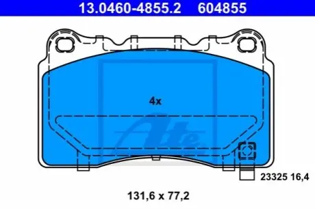 Комплект гальмівних колодок передн, CHEVROLET CORVETTE MITSUBISHI LANCER VI, LANCER VII, LANCER VIII OPEL ASTRA J, INSIGNIA A SUBARU IMPREZA, WRX TESLA MODEL 3, MODEL S 1.7D-Electric 01.98 ATE 13046048552
