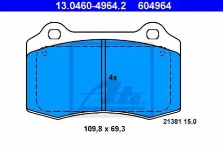 Комплект гальмівних колодок задн/передн, DS DS 3 VOLVO S60 I, V70 II CITROEN DS3 JAGUAR S-TYPE II, XJ JEEP GRAND CHEROKEE, GRAND CHEROKEE III, GRAND CHEROKEE IV PEUGEOT 208 I 1.2-6.4 07.97 ATE 13046049642