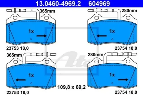 Комплект гальмівних колодок передн, PEUGEOT 406 2.2D/3.0 03.97-12.04 ATE 13046049692
