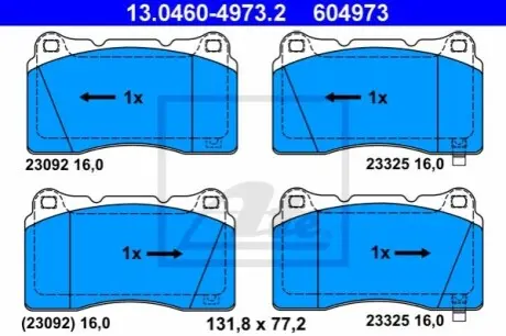 Комплект гальмівних колодок передн, CHEVROLET CORVETTE CHRYSLER 300C DODGE CHALLENGER, CHARGER HONDA CIVIC IX, CIVIC X MITSUBISHI CARISMA, LANCER VI, LANCER VII 1.8-Electric 01.98 ATE 13046049732 Купити в Україні