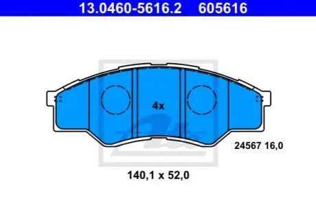 Комплект гальмівних колодок передн, TOYOTA HILUX VII 2.5D/3.0D 11.04-09.15 ATE 13046056162