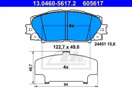 Комплект гальмівних колодок передн, LEXUS CT TOYOTA PRIUS, PRIUS PHV, YARIS 1.5/1.8H 11.05 ATE 13046056172