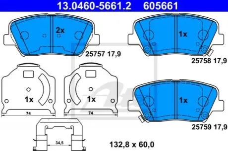 Комплект гальмівних колодок передн, HYUNDAI GENESIS, GRANDEUR KIA CARENS IV, K9 II 1.6-3.3 03.13 ATE 13.0460-5661.2 Купити в Україні