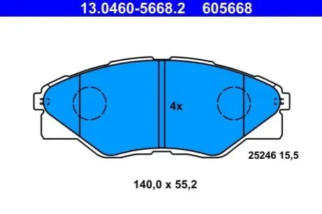 Комплект гальмівних колодок передн, TOYOTA HILUX VII 2.5D/3.0D 03.05-09.15 ATE 13.0460-5668.2