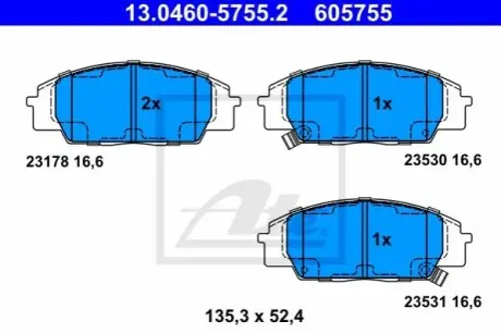 Комплект гальмівних колодок передн, ACURA RSX HONDA CIVIC VII, CIVIC VIII, S2000 1.4-2.2 03.99 ATE 13046057552