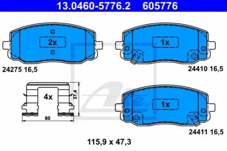 Комплект гальмівних колодок передн, HYUNDAI I10 I, I20 I KIA PICANTO I, PICANTO II 1.0-1.6 04.04-03.17 ATE 13046057762