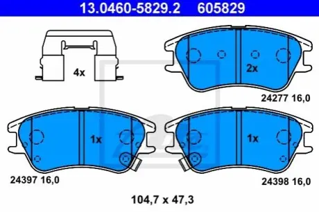 Комплект гальмівних колодок передн, HYUNDAI ATOS 1.0/1.1 02.98-12.10 ATE 13046058292