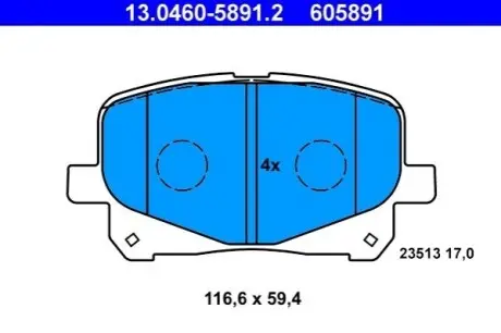 Комплект гальмівних колодок передн, TOYOTA HARRIER, PREVIA II 2.0D-3.0 05.97-02.06 ATE 13046058912