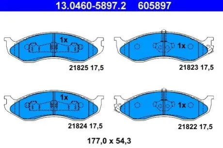 Комплект гальмівних колодок передн, JEEP CHEROKEE, GRAND CHEROKEE I, WRANGLER I, WRANGLER II KIA CARNIVAL I 2.1D-5.9 10.84-04.07 ATE 13046058972