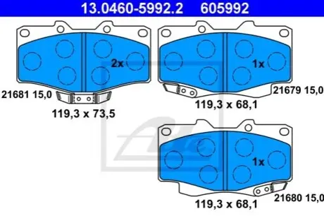 Комплект гальмівних колодок передн, TOYOTA 4 RUNNER II, 4 RUNNER III, HILUX V, HILUX VI, HILUX VII, LAND CRUISER, LAND CRUISER 90 2.4-4.2D 11.84 ATE 13046059922 Купити в Україні