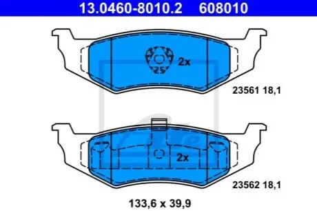 Комплект гальмівних колодок задн, CHRYSLER 300M, CIRRUS, CONCORDE, LE BARON, LHS, NEON, NEON II, PT CRUISER, SARATOGA, SEBRING, STRATUS, VISION, VOYAGER III DODGE CARAVAN 1.6-3.8 09.86-12.10 ATE 13046080102