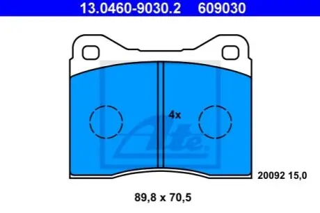Комплект гальмівних колодок передн, BMW 1500-2000 (115, 116, 118, 121), 1502-2002 (E10), 2500-3.3 (E3), 2.5-3.2 (E9), 5 (E12), 6 (E24) FERRARI 412 I, TESTAROSSA 1.8-5.7 06.68-08.98 ATE 13046090302