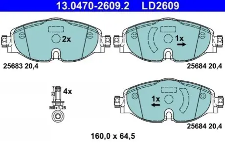 Керамічні гальмівні колодки передн, AUDI A1, A1 ALLSTREET, A1 CITY CARVER, A3, Q2, Q3, TT FORD TOURNEO CONNECT V761 NADWOZIE WIELKO SKODA KAROQ, KODIAQ I, OCTAVIA III 1.0-Electric 08.11 ATE 13.0470-2609.2