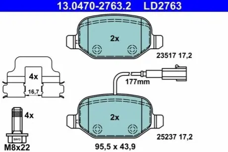 Керамічні гальмівні колодки задн, ALFA ROMEO MITO 0.9-1.6D 08.08-10.18 ATE 13047027632