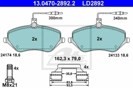 Керамічні гальмівні колодки передн, CITROEN C5 III, C6 PEUGEOT 407, 607 2.0-3.0 02.00 ATE 13047028922