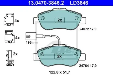 Керамічні гальмівні колодки передн, FIAT 500, 500 C, PANDA FORD KA 1.2-1.4CNG 09.03 ATE 13047038462