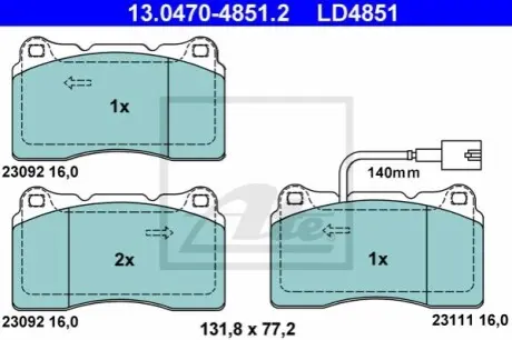 Керамічні гальмівні колодки передн, ALFA ROMEO 159, GIULIETTA MASERATI GHIBLI III RENAULT KANGOO 1.2-3.2 06.01 ATE 13047048512