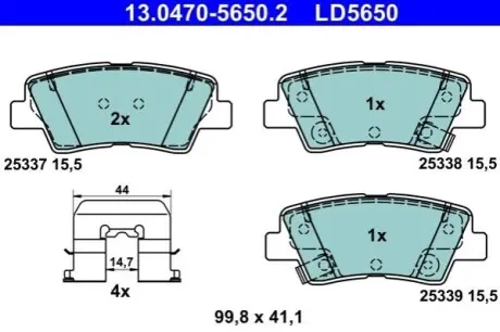 Керамічні гальмівні колодки задн (з комплектуючими), HYUNDAI ACCENT IV, ACCENT V, BAYON, ELANTRA V, I10 I, I10 II, I10 III, I20 ACTIVE, I20 II, I20 III, I30, I40 I, I40 I CW 1.0-Electric 01.10 ATE 13.0470-5650.2