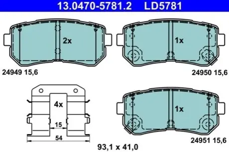 Керамічні гальмівні колодки задн, HYUNDAI CRETA, IX20, KONA, TUCSON KIA PICANTO II, SOUL II 1.0-2.0 11.10 ATE 13.0470-5781.2