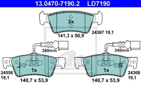Керамічні гальмівні колодки задн, VW TOUAREG 2.5D-3.6 10.02-05.10 ATE 13047071902