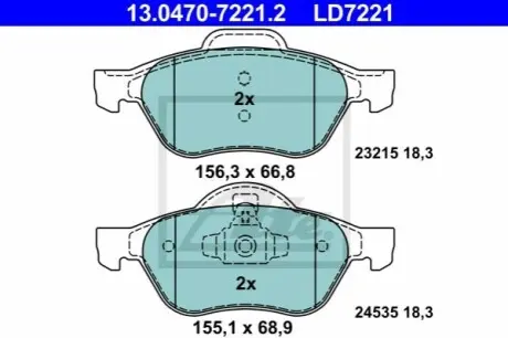 Керамічні гальмівні колодки передн, RENAULT CLIO III, MEGANE II, SCENIC II 1.4-2.0D 09.02 ATE 13047072212