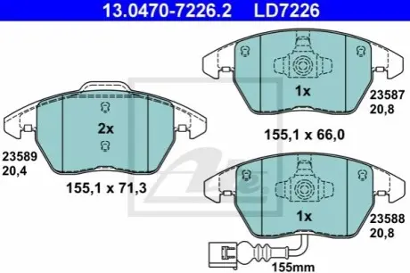Керамічні гальмівні колодки передн, AUDI A1, A3, TT 1.0-3.2 05.03-10.18 ATE 13047072262