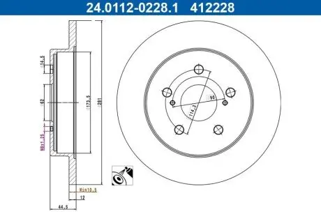 Диск гальмівний задн Лів/Прав LEXUS ES, NX, UX TOYOTA C-HR, CAMRY, COROLLA CROSS, PRIUS, RAV 4 V, YARIS CROSS 1.2-3.5 07.14 ATE 24.0112-0228.1 Купити в Україні