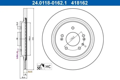 Диск гальмівний задн Лів/Прав HYUNDAI SANTA FE IV 2.0D-3.5 07.18 ATE 24.0118-0162.1 Купити в Україні