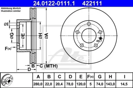 Диск гальмівний передн Лів/Прав BMW 5 (E12), 6 (E24), 7 (E23) 1.8-3.5 03.72-04.89 ATE 24012201111