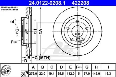 Диск гальмівний передн Лів/Прав MERCEDES A (W168) 1.9/2.1 03.99-08.04 ATE 24012202081
