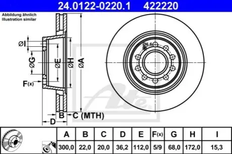 Диск гальмівний задн Лів/Прав AUDI A4 B6, A4 B7 4.2 03.03-03.09 ATE 24012202201