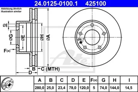 Диск гальмівний передн Лів/Прав BMW 5 (E12), 7 (E23) 2.8-3.5 05.77-09.86 ATE 24012501001