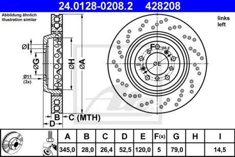 Диск тормозной (передний) (L) BMW M3 (E46) 00-16 (345x28) (с покрыт) (с отверстиями) (вент) ATE 24012802082