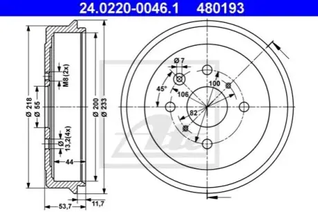Гальмівний барабан задн CITROEN C1, C1 II PEUGEOT 107, 108 TOYOTA AYGO 1.0/1.2/1.4D 06.05 ATE 24022000461