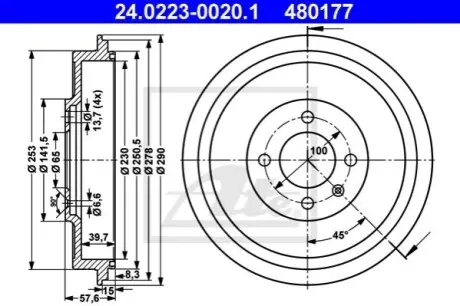 Гальмівний барабан задн SEAT INCA VW CADDY II 1.4-1.9D 11.95-01.04 ATE 24022300201