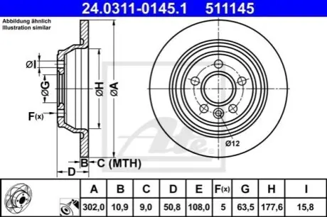 Диск гальмівний, 1шт, PowerDisc, повний, Наскрізні насічки, задн Лів/Прав, зовнішній діаметр 302 мм, товщина 10,9 мм, FORD FOCUS II, GALAXY II, GALAXY MK II, KUGA I 1.6-2.5 05.06 ATE 24031101451