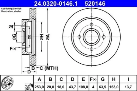 Диск гальмівний, 1шт, PowerDisc, Вентильований, Наскрізні насічки, задн Лів/Прав, зовнішній діаметр 253 мм, товщина 20 мм, FORD COUGAR, MONDEO I, MONDEO II 1.6-2.9 01.93-12.01 ATE 24032001461