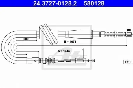 Трос стояночного гальма задн Лів (1345мм) AUDI 80 B3, 90 B3 1.6-1.9D 08.86-10.91 ATE 24372701282