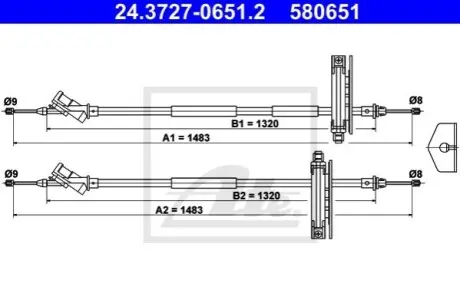 Трос стояночного гальма задн Лів/Прав (1483мм/1483мм) FORD FOCUS I 1.4-2.0 08.98-06.07 ATE 24372706512
