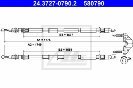 Трос стояночного гальма задн Лів/Прав (1749мм/1774мм) OPEL ZAFIRA B 1.6-2.2 07.05-04.15 ATE 24372707902