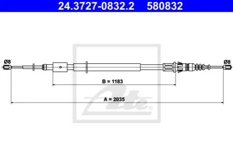 Трос стояночного гальма задн Лів/Прав (2035мм) CITROEN C4, C4 I PEUGEOT 307 1.4-2.0D 08.00-12.12 ATE 24372708322