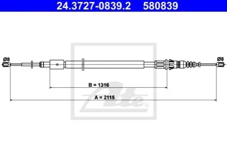 Трос стояночного гальма задн Лів/Прав (2115мм) CITROEN C4 I PEUGEOT 307 1.4-2.0D 03.02-11.14 ATE 24372708392