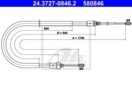 Трос стояночного гальма задн Лів/Прав (1796мм) PEUGEOT 207, 208, 208 I 1.0-1.6D 02.06 ATE 24372708462