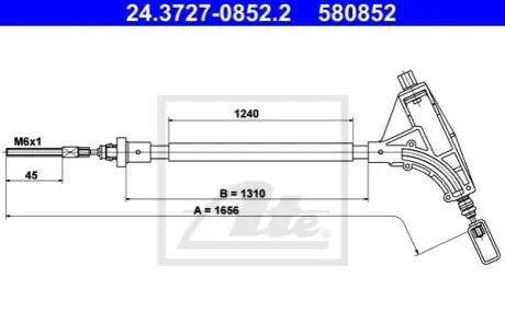 Трос стояночного гальма передн Лів/Прав (1656мм) PEUGEOT 406 1.6-3.0 11.95-06.04 ATE 24372708522